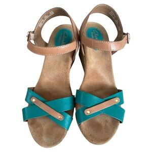 Clarks Artisan boho Teal Blue Leather Strappy Wedge Sandals 9M EUC